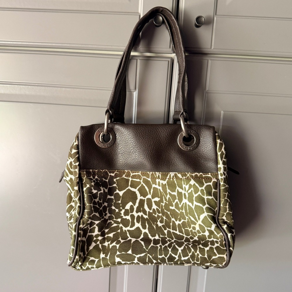 Tommy Hilfiger Womens Y2K Olive Green Brown Giraffe Print Satchel Handbag, Small
